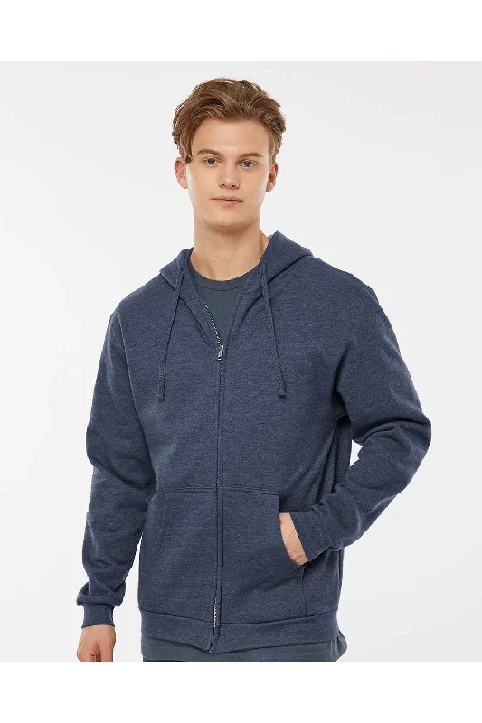 Men's gym-ready fleece hoodie-Tultex Mens Full Zip Hooded Sweatshirt Hoodie w/ Pockets - Heather Denim Blue