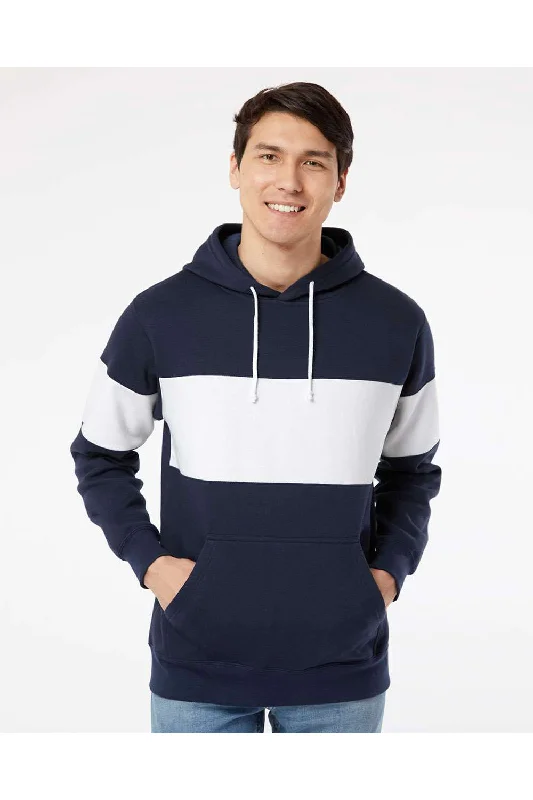 Men's versatile running hoodie-MV Sport Mens Classic Fleece Colorblock Hooded Sweatshirt Hoodie w/ Pouch Pocket - Navy Blue/White - Closeout