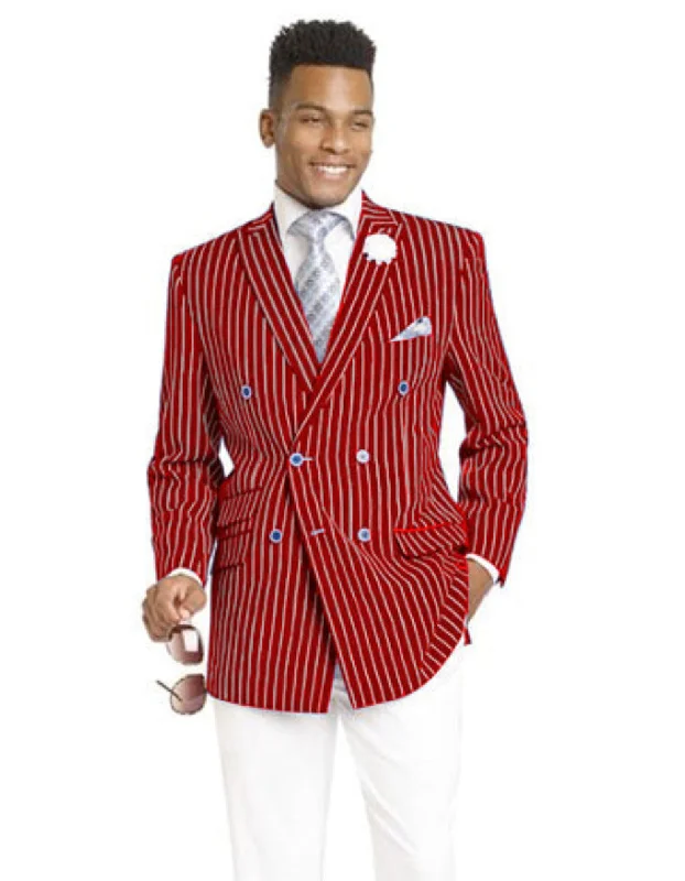 Men's wrinkle-resistant raincoat-Mens Double Breasted Blazer in Color Red - Pinstripe Sportcoat