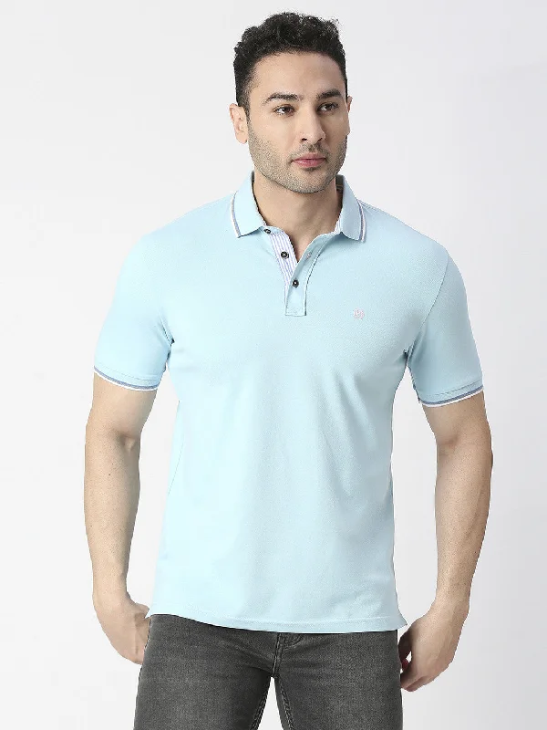 Men's comfortable gym wear polo shirt-Sky Blue Pique Lycra Polo T-shirt With Tipping Collar