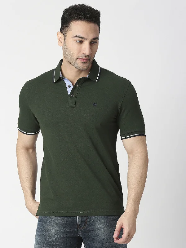 Men's eco-friendly office polo shirt-Bottle Green Pique Lycra Polo T-shirt With Tipping Collar