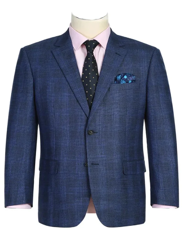 Men's weatherproof fleece jacket-Mens Two Button Classic Fit Sport Coat Navy Blue Windowpane Plaid Blazer