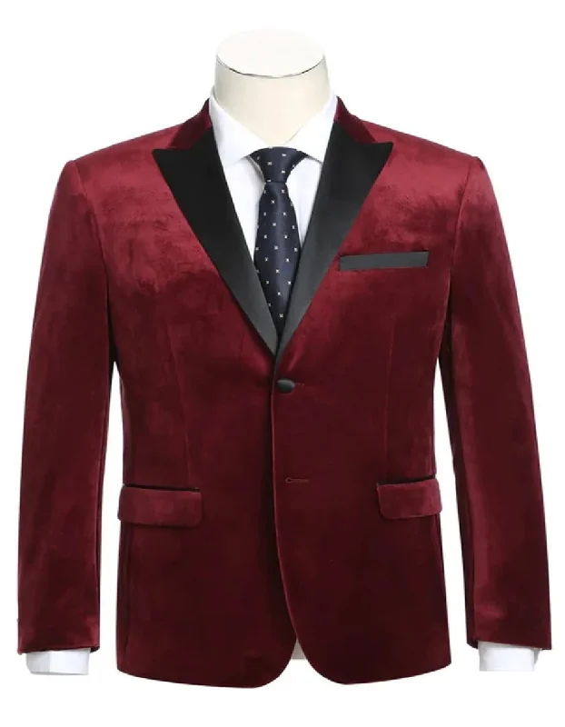 Men's comfortable raincoat-Mens Two Button Peak Lapel Velvet Red Prom Tuxedo Blazer