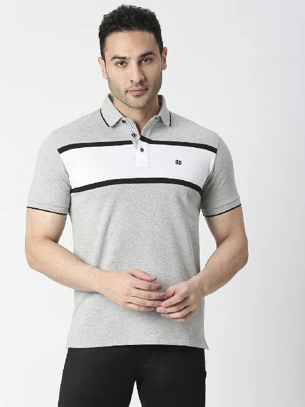 Men's relaxed fit casual wear polo shirt-Grey Melange Striped Pique Polo T-shirt