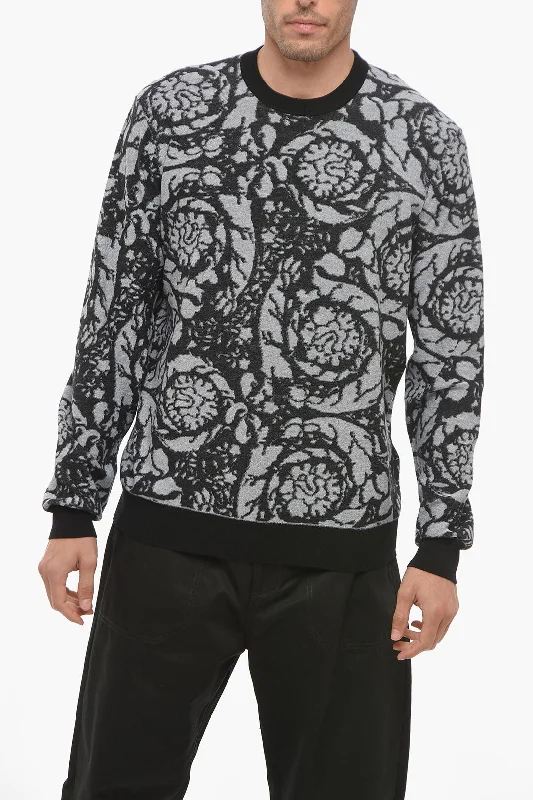 Men's lightweight knitwear-Versace Crew Neck Jacquard Cotton Blend Sweater with Contrasting Edg