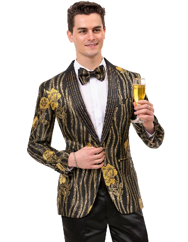 Men's sporty raincoat-Mens Paisley Jeweled Shawl Prom Tuxedo Blazer in Black & Gold