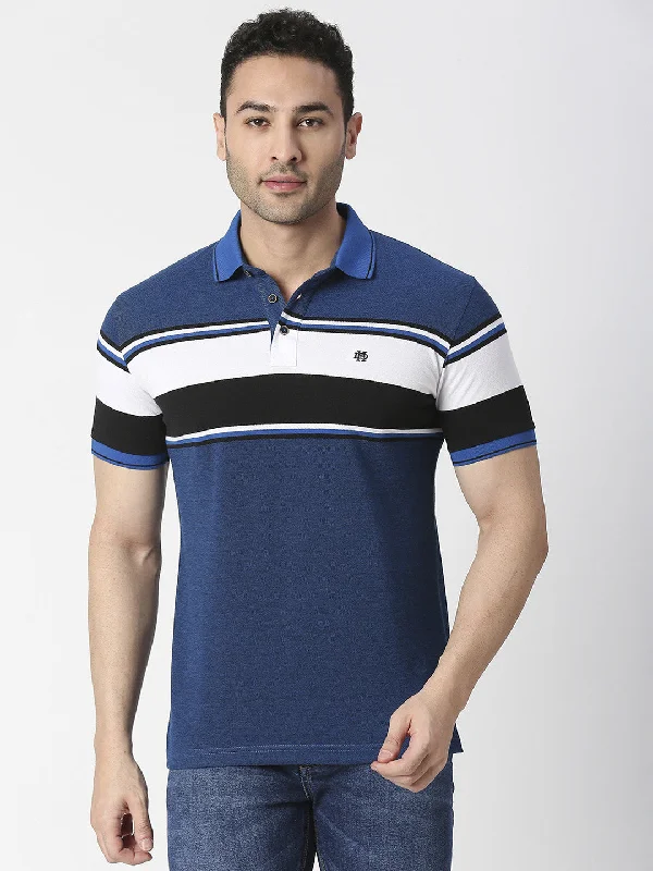 Men's tech-fabric office polo shirt-Royal Blue Striped Pique Polo T-shirt