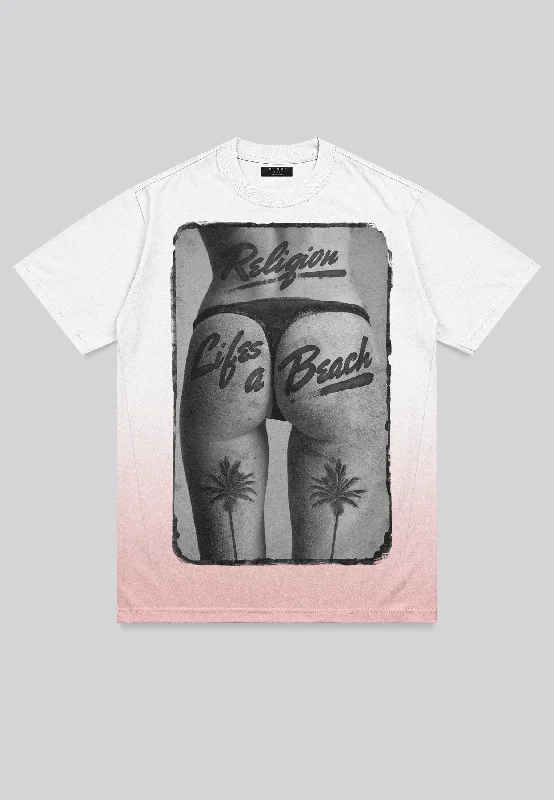 Men's sporty casual wear t-shirt-LIFES A BEACH WHITE & PINK T-SHIRT