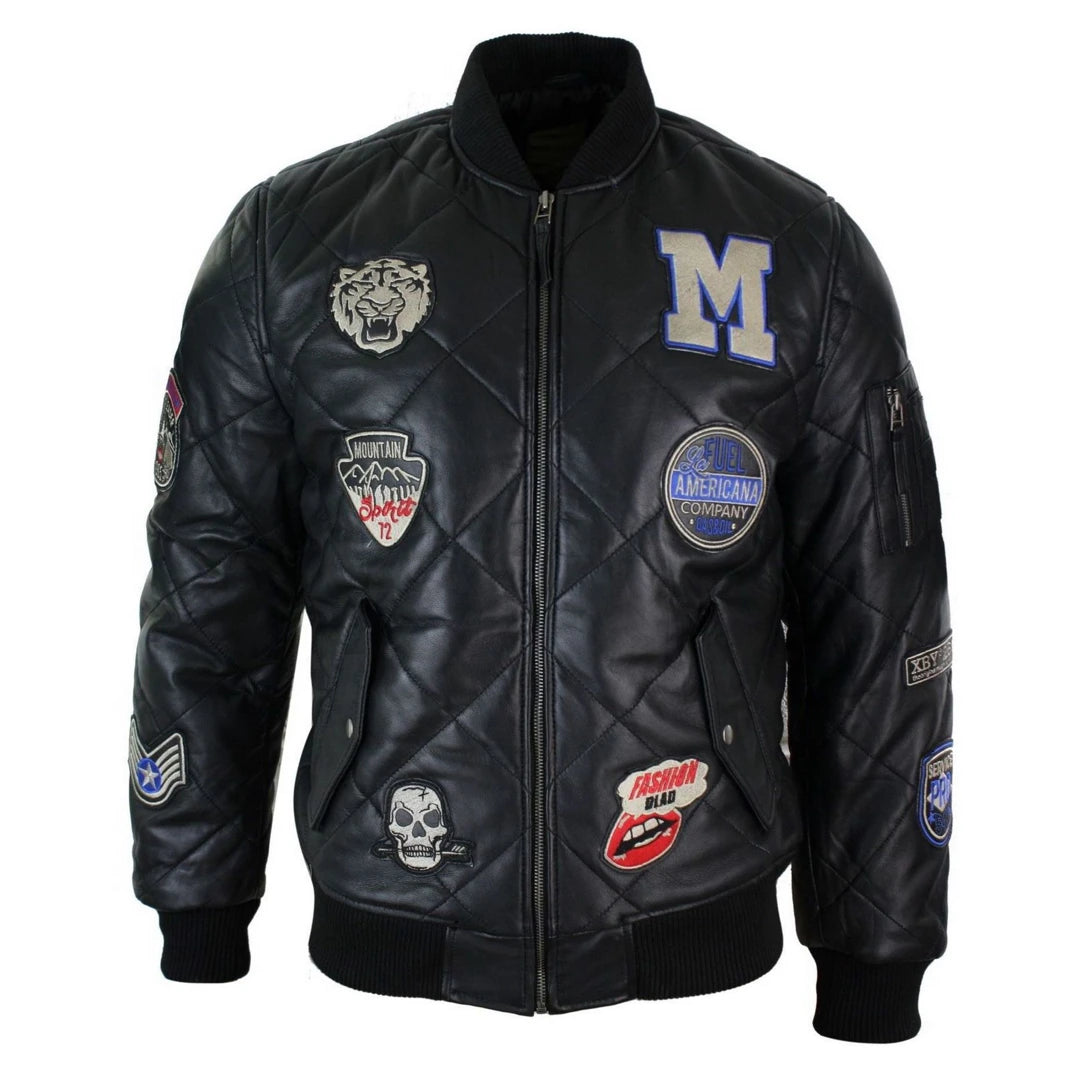 Men's pre-shrunk fleece jacket-Men's Leather Quilted Puffer Varsity Baseball Bomber Letterman Jacket