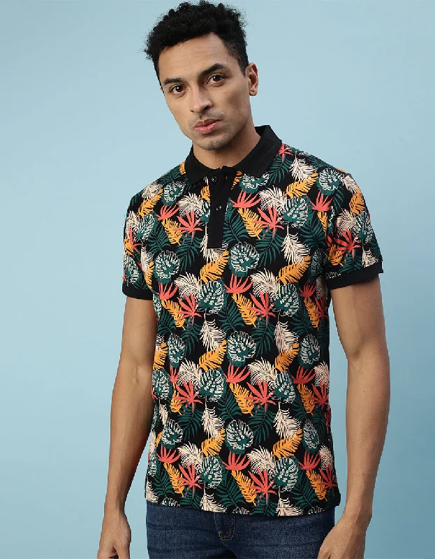 Men's relaxed fit gym wear polo shirt-Black Leaf Printed All Over Floral Polo T-shirt