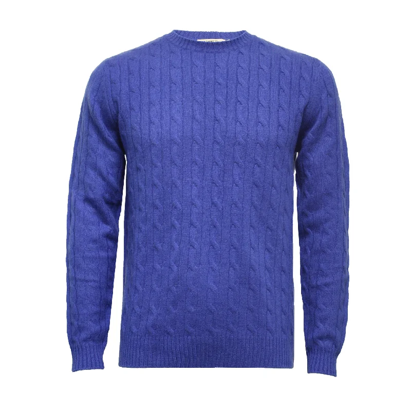 Men's vintage knit-Royal Blue Cashmere Crew Neck Cable Sweater