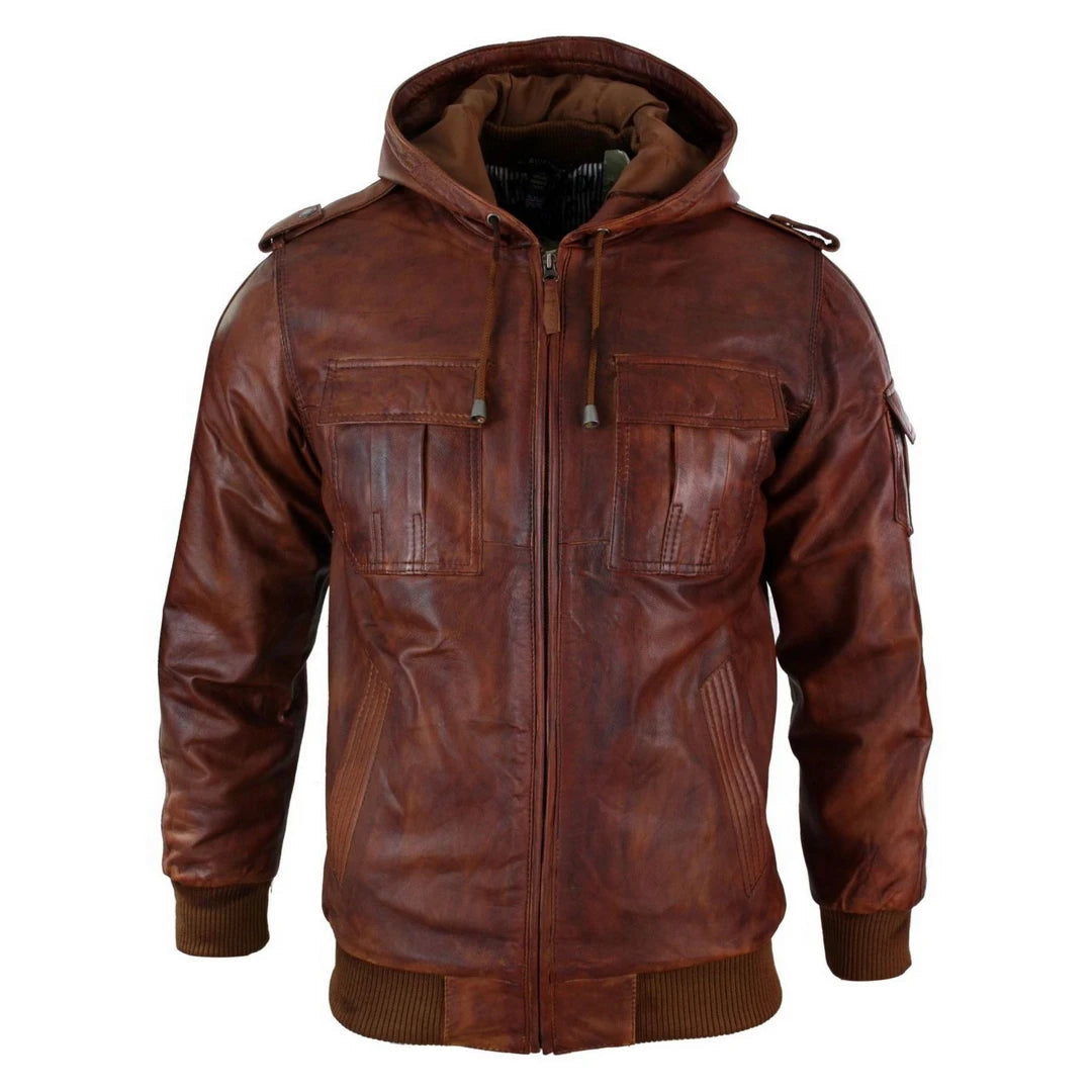 Men's performance casual jacket-Men's Leather Hooded Bomber Tan Jacket