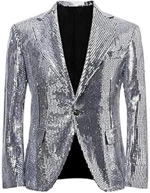 Men's cooling gym jacket-Glitter Tuxedo Dinner Jacket - Sequin Blazer - Sliver Flashy Stage Sport Coat By Alberto Nardoni