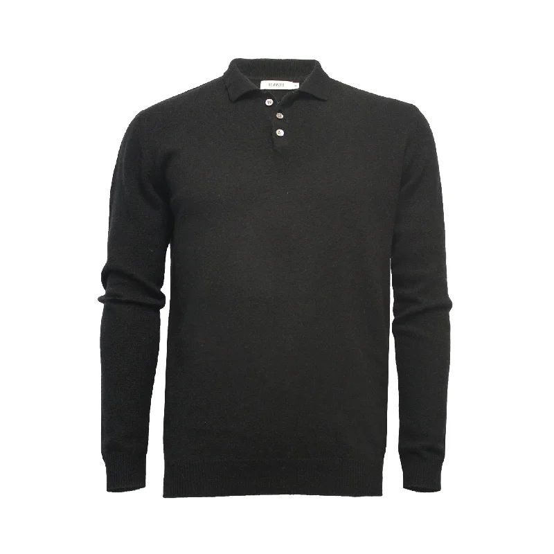 Men's streetwear knit-Cashmere Pique Stitch black Knitted Polo Sweater