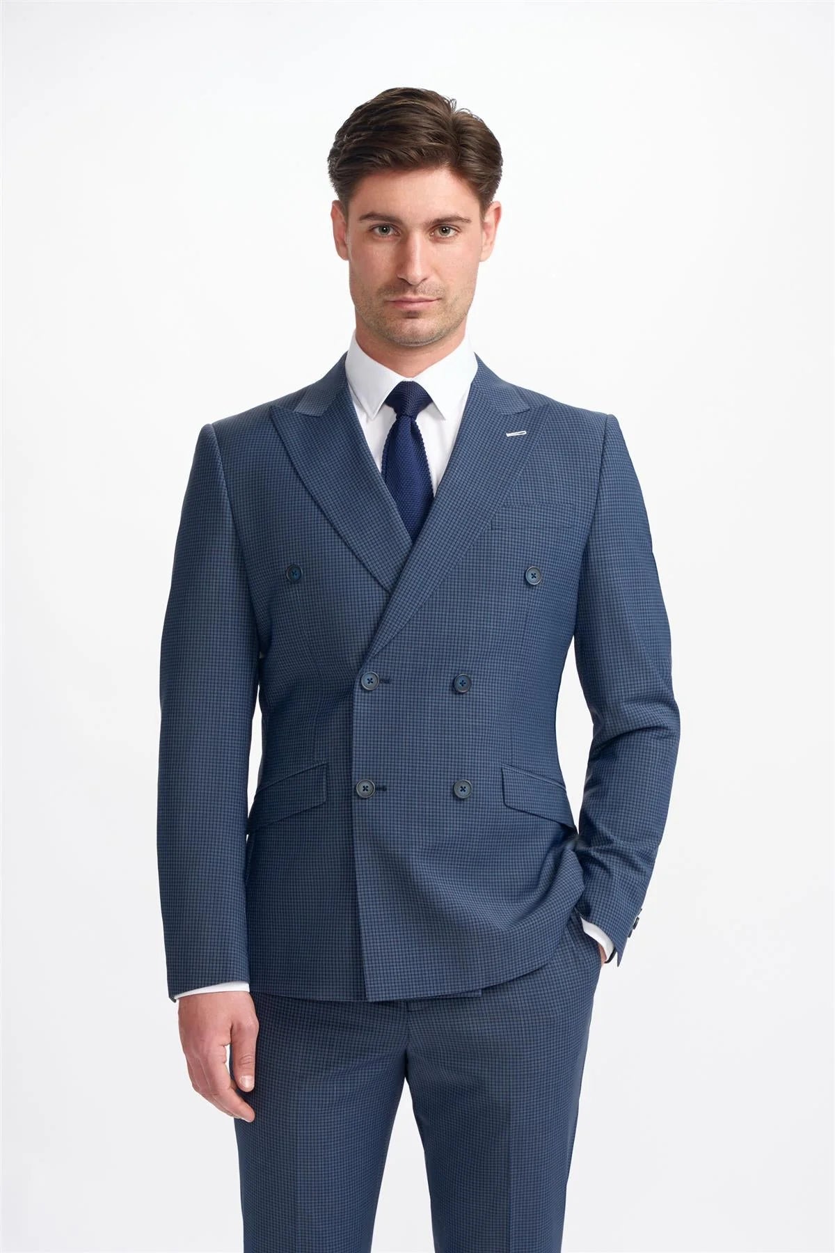 Men's gym-ready performance jacket-Bond - Men's Navy Check Double Breasted Blazer