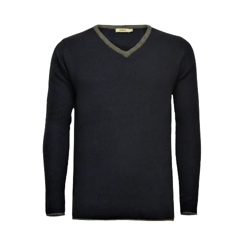 Men's utility knit-Navy Cashmere V Neck Sweater with contrast Neptune