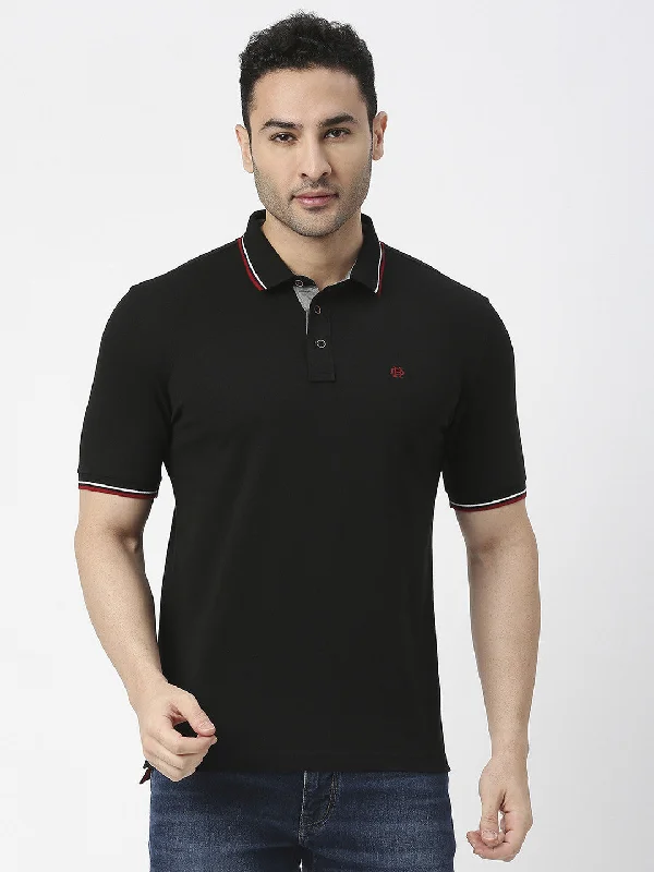 Men's organic gym polo shirt-Black Pique Lycra Polo T-shirt With Tipping Collar