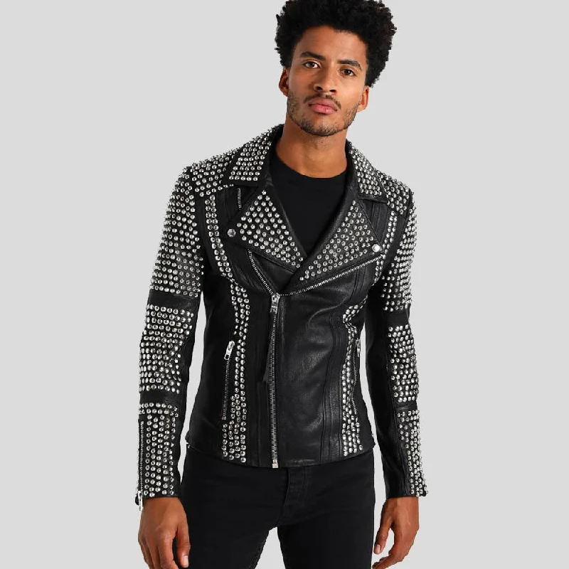 Men's lightweight parka-Jaxon Black Studded Leather Jacket