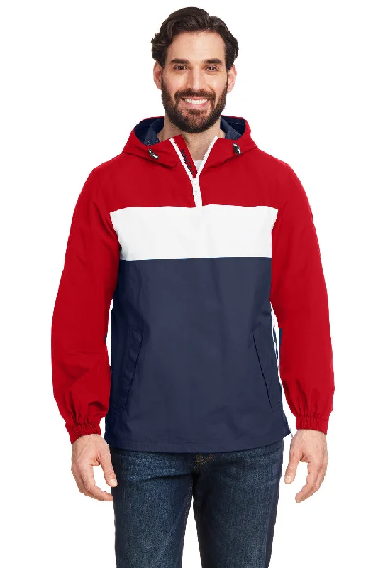 Men's summer casual jacket-Nautica Mens Windward Wind & Water Resistant 1/4 Zip Hooded Jacket - Red/Navy Blue/White