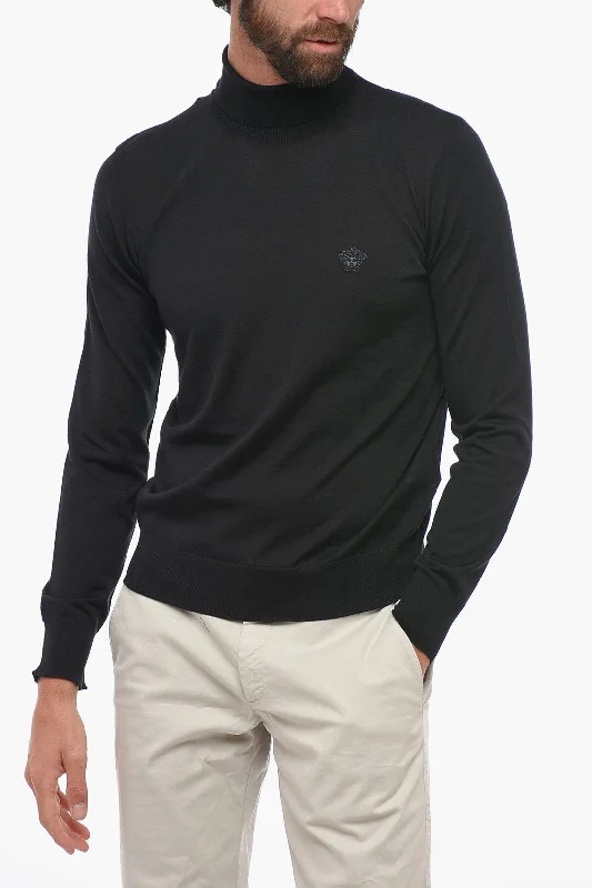 Men's fall knitwear-Versace Turtleneck Wool Blend Sweater With Logo