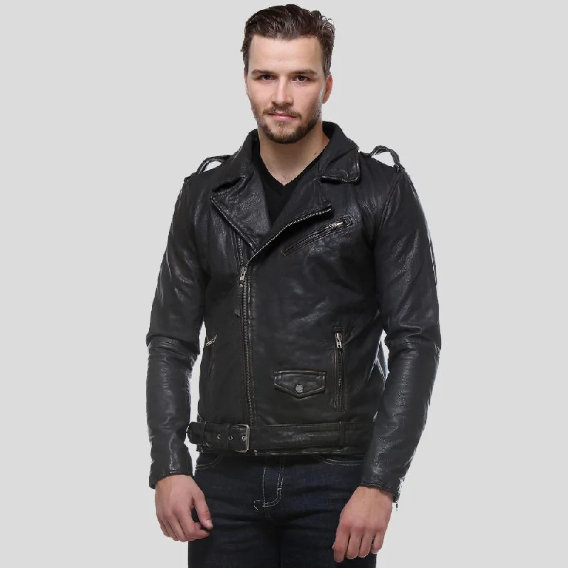 Men's high-stretch outdoor jacket-Freddie Black Biker Leather Jacket