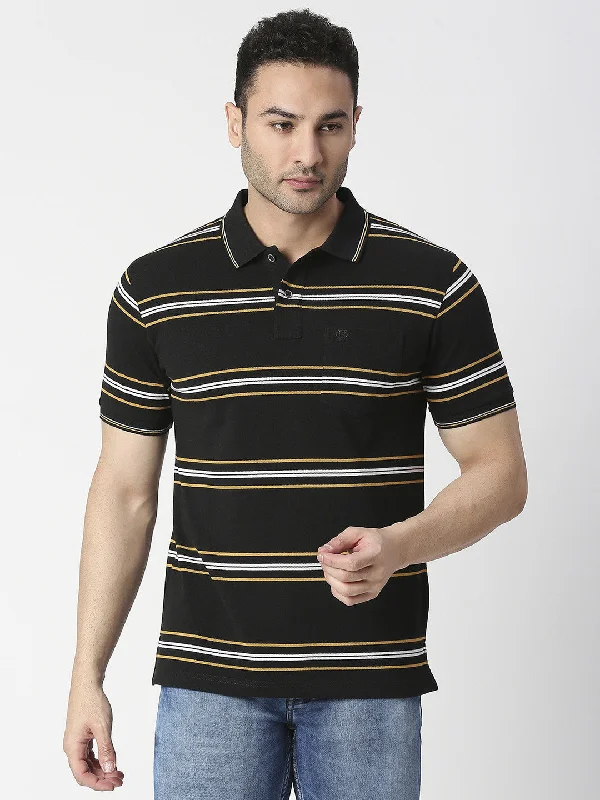 Men's adventure-ready dress polo shirt-Black Striped Pique Polo T-shirt With Pocket