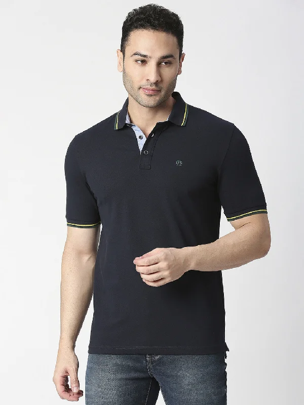 Men's high-stretch office polo shirt-Navy Blue Pique Polo T-shirt With Tipping collar