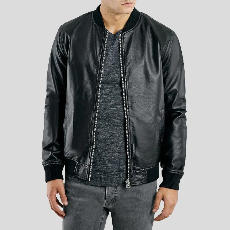 Men's eco-conscious performance jacket-Bailei Black Bomber Leather Jacket