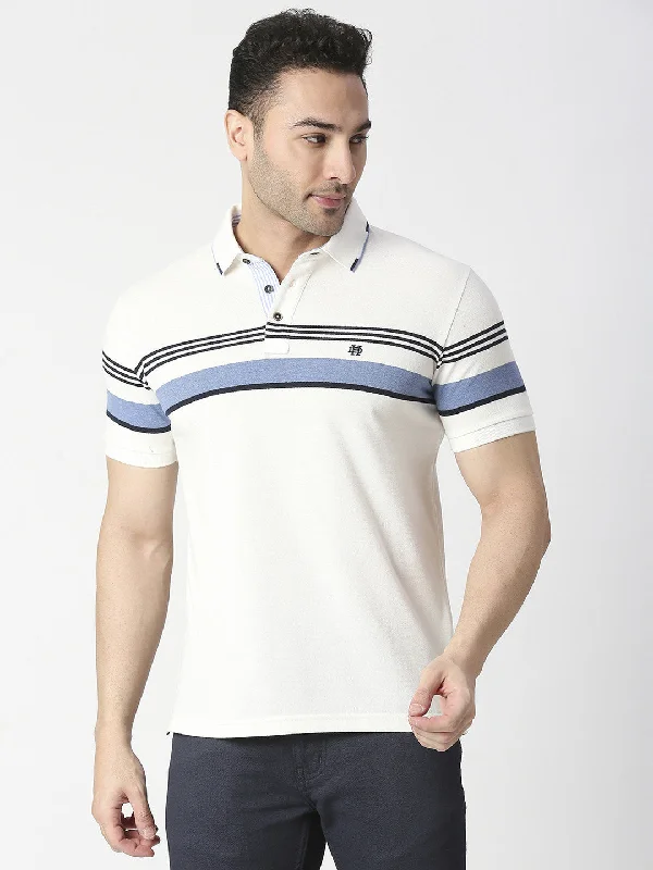 Men's pre-shrunk gym polo shirt-White Striped Pique Polo T-shirt