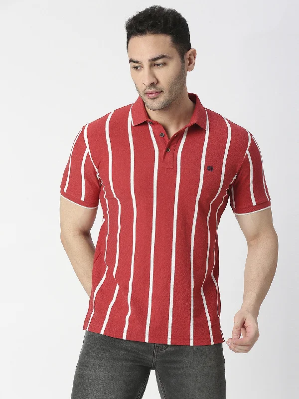 Men's ultra-light office wear polo shirt-Red Melange Verticle Striped Pique Polo T-shirt