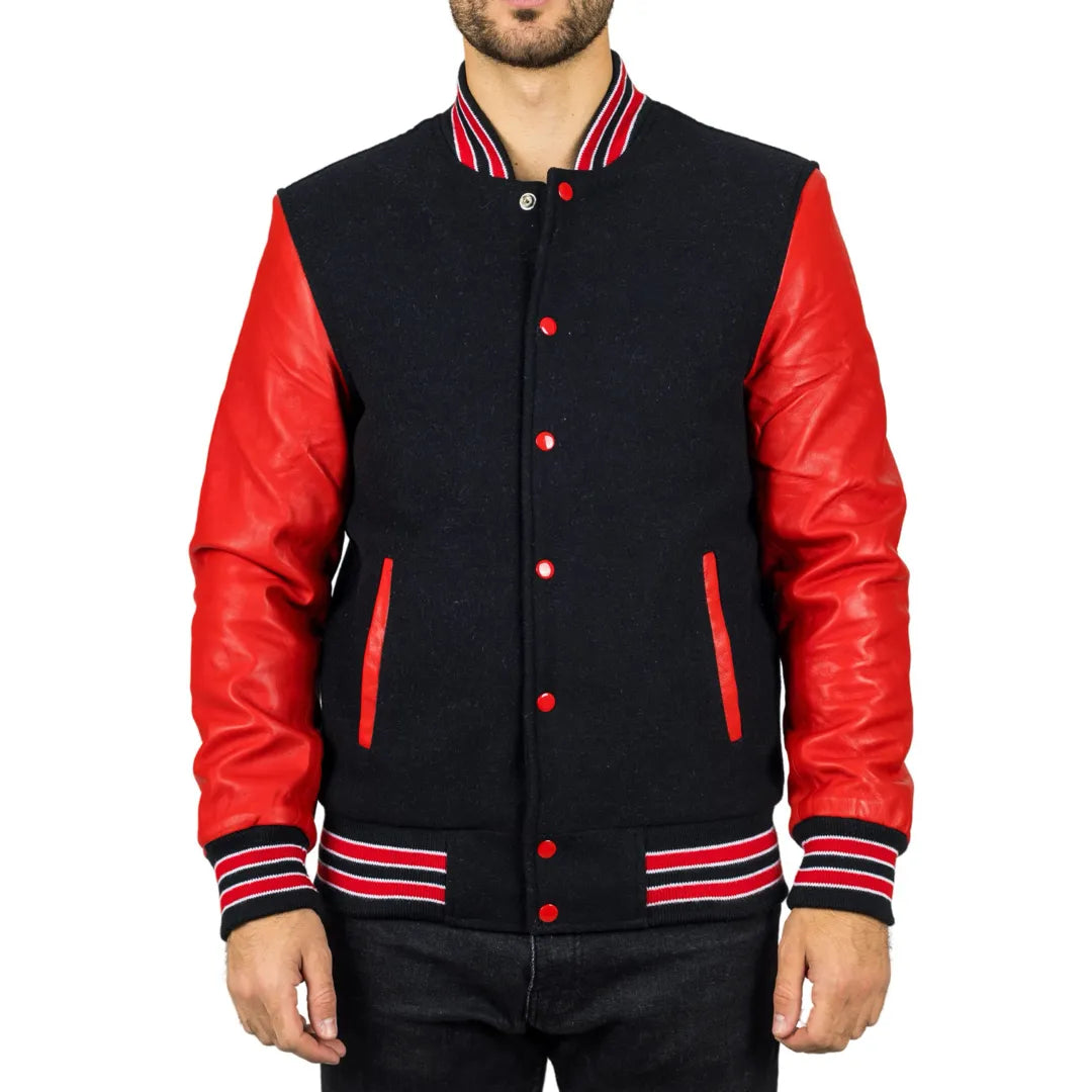 Men's durable windbreaker jacket-Men's Black Red Varsity Bomber Jacket