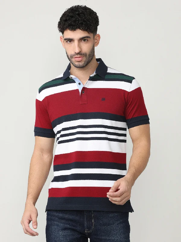 Men's gym-ready casual wear polo shirt-Maroon Pique Stripes Polo T-shirt With Contrast Collar