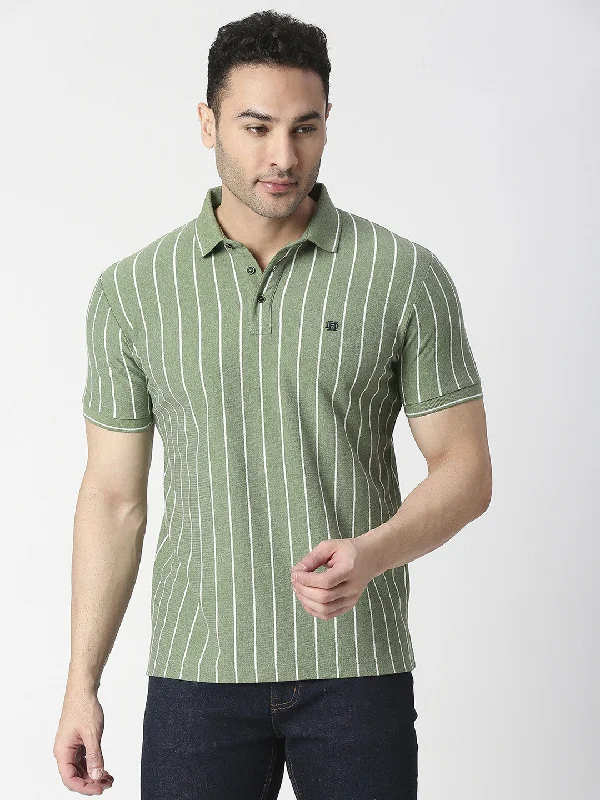 Men's tech-fabric gym polo shirt-Green Melange Verticle Striped Pique Polo T-shirt