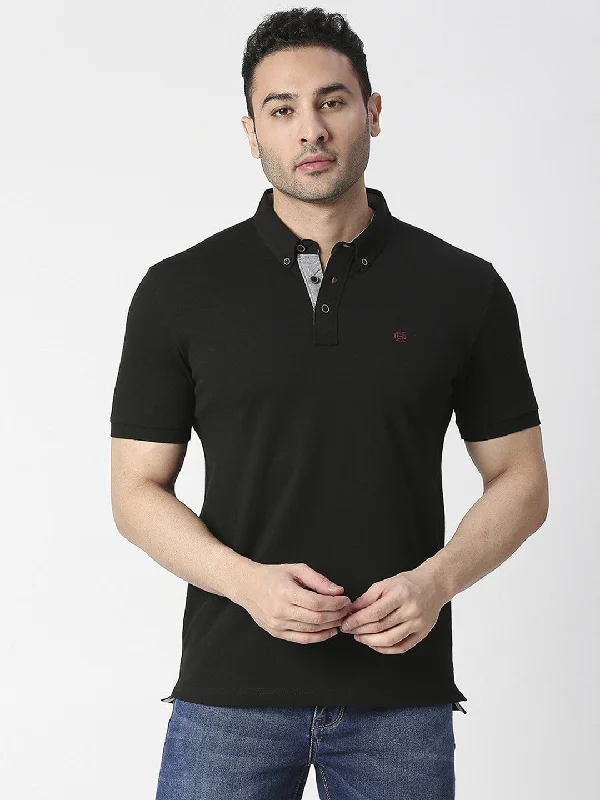 Men's versatile office wear polo shirt-Black Cotton Lycra Button Down Polo T-shirt