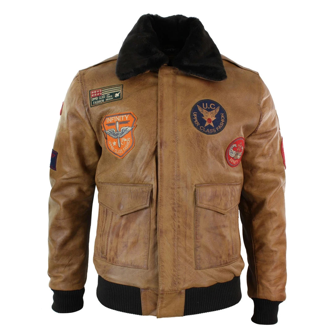 Men's performance raincoat-Men's Leather Air Force Pilot Bomber Jacket Tan Brown Badge