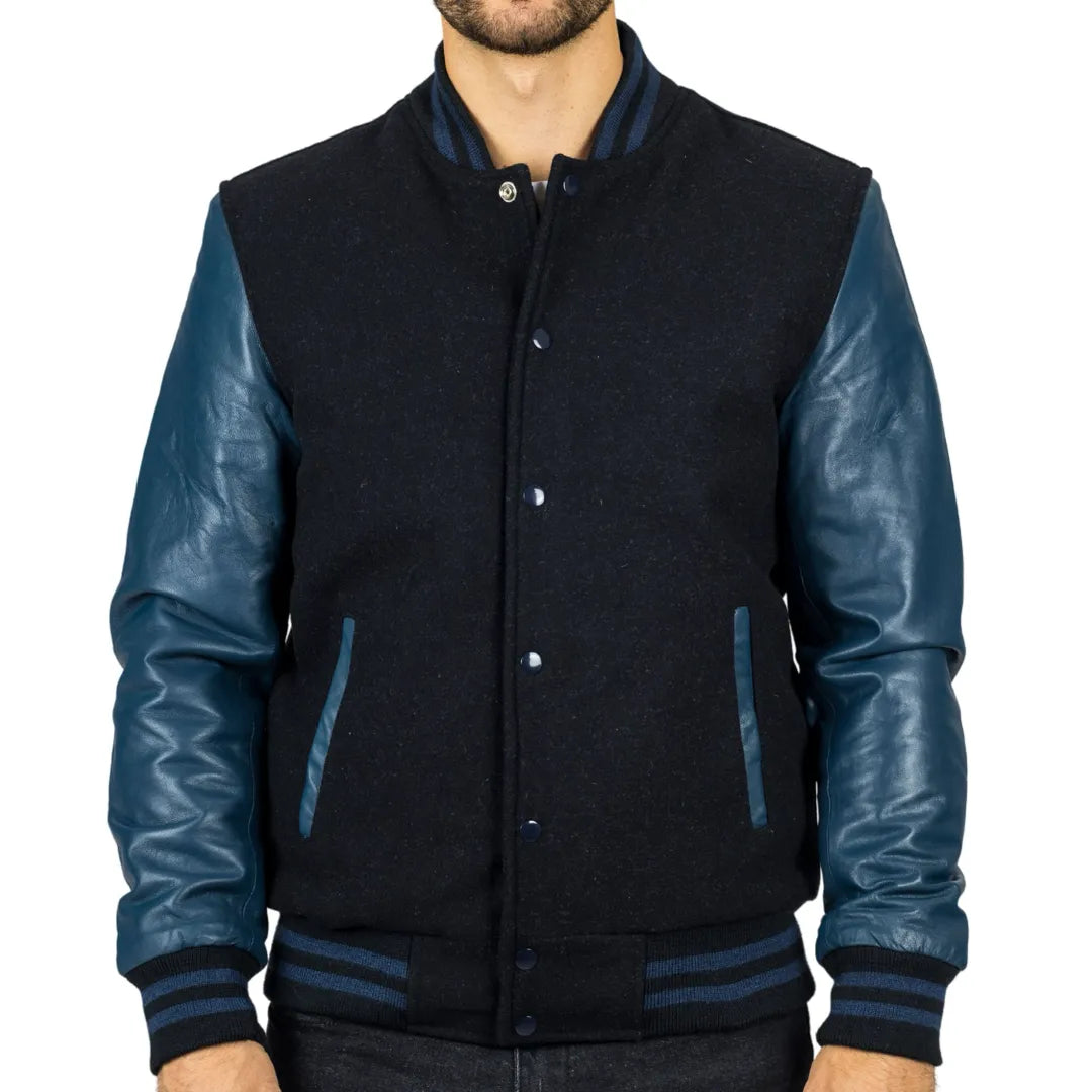 Men's functional field jacket-Men's Black Navy Varsity Bomber Jacket