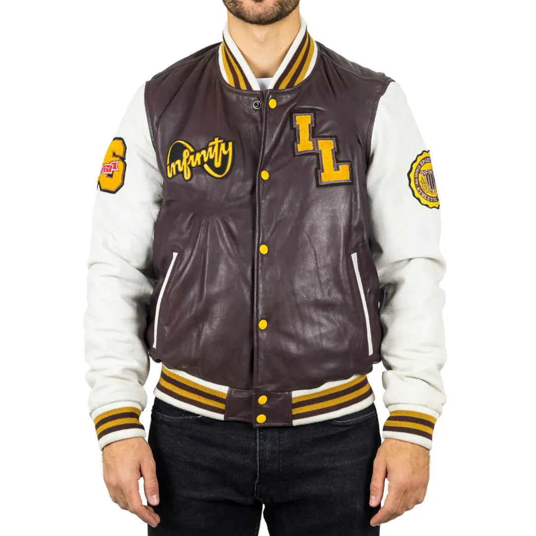 Men's summer casual jacket-Men's Burgundy Leather Letterman Bomber Jacket