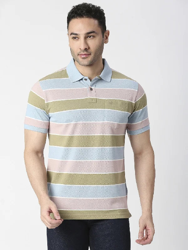 Men's organic travel wear polo shirt-Pastel Striped Pique Polo T-shirt With Pocket