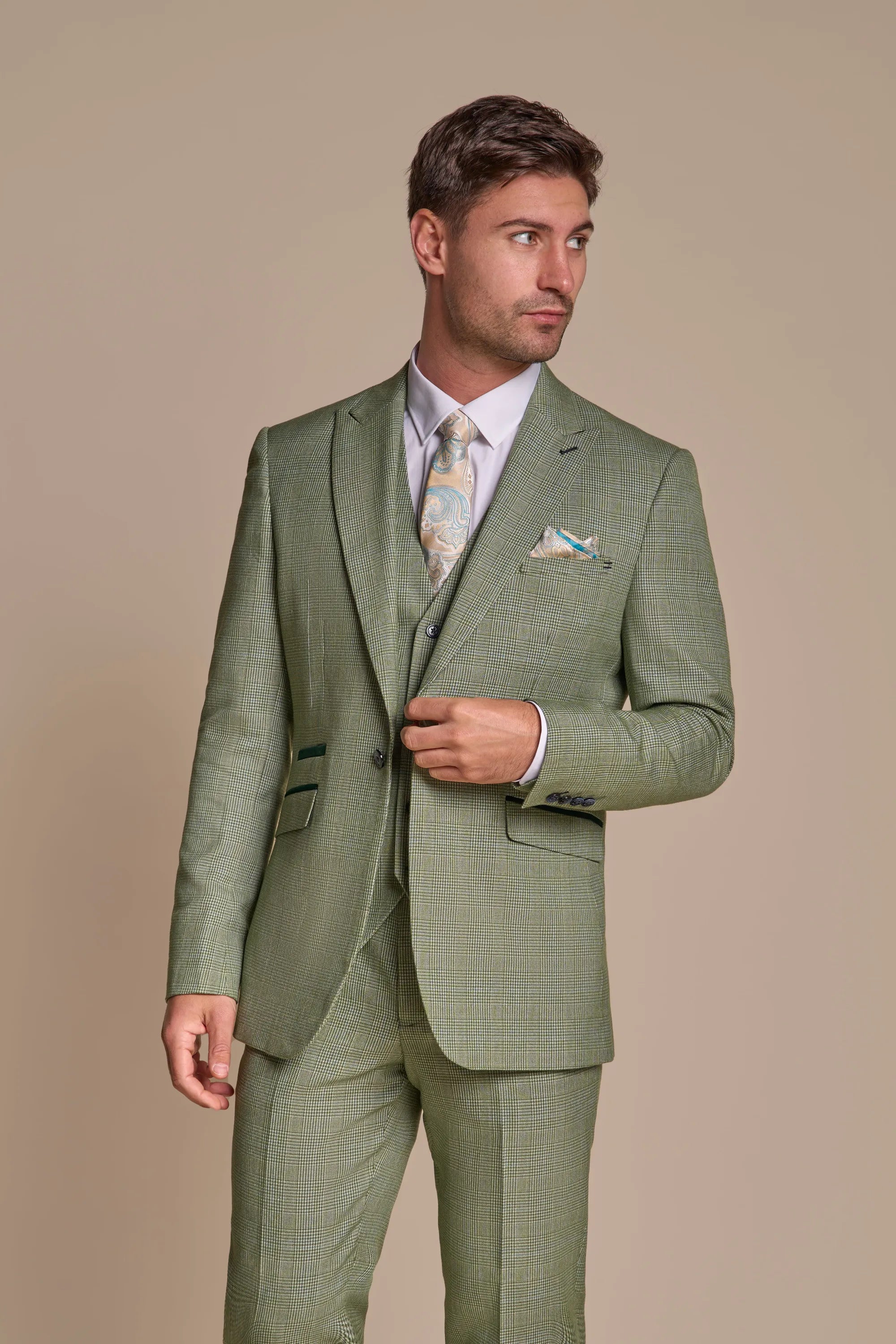 Men's ultra-lightweight jacket-Caridi - Men's Sage Green Checked Tailored Fit Blazer