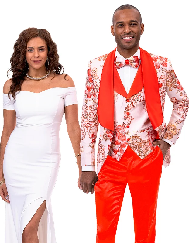 Men's high-performance travel jacket-Mens Vested Paisley Prom & Wedding Tuxedo in Peach & Orange