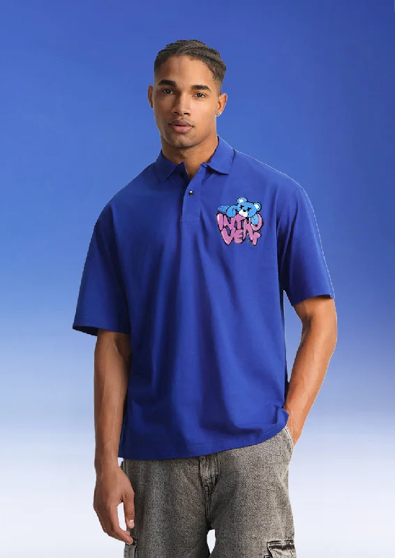 Men's adventure-ready travel wear polo shirt-Introvert Blue Oversized Exclusive Polo T-shirt