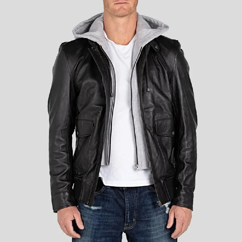 Men's adventure-ready fleece jacket-Marc Black Removable Hooded Leather Jacket