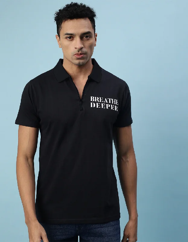 Men's quick-dry travel polo shirt-Breath Deeper Black Pocket Typographic Printed Polo T-shirt