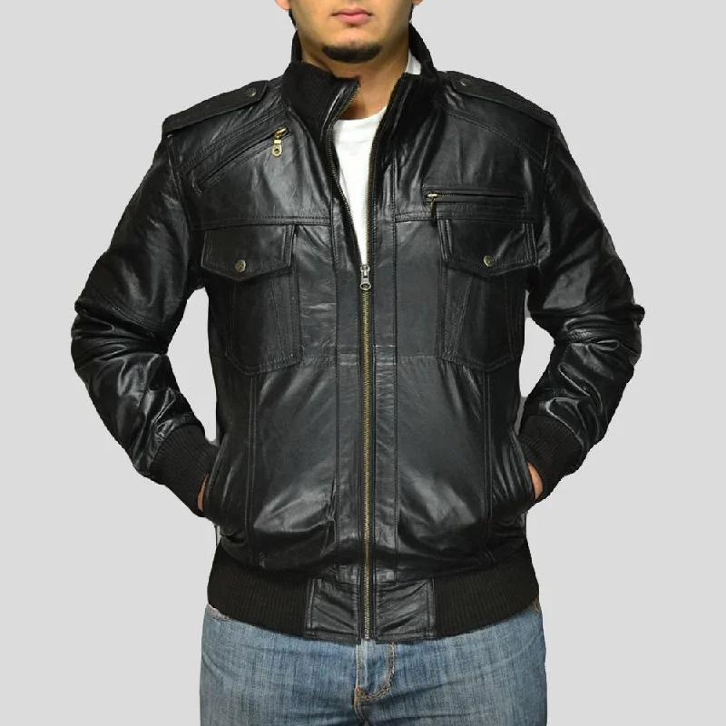 Men's summer performance jacket-Sang Black Bomber Leather Jacket