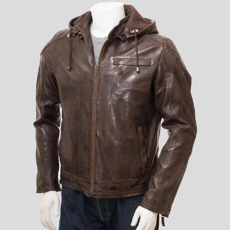 Men's relaxed fit windbreaker-George Brown Removable Hooded Leather Jacket