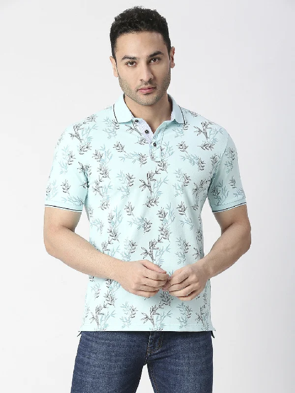 Men's versatile casual polo shirt-Mint Cotton Pique Lycra Printed Polo T-shirt With Tipping Collar