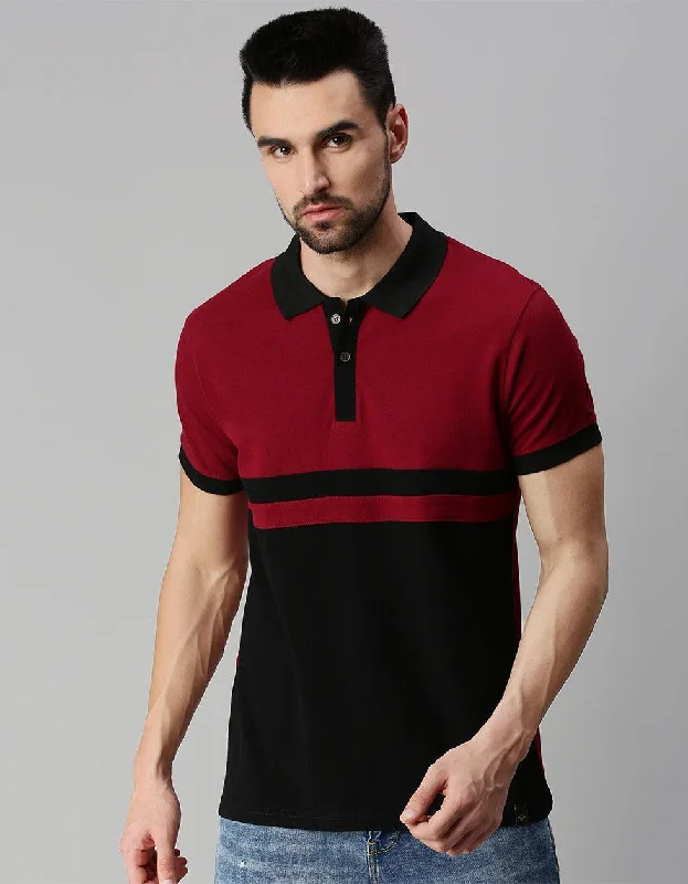 Men's weather-resistant casual polo shirt-Black Maroon Colorblock Printed Polo T-shirt