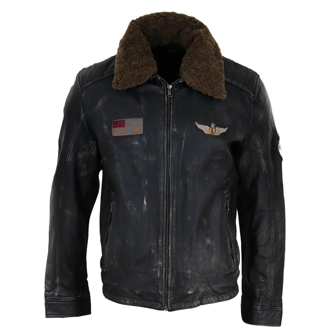 Men's organic fleece jacket-Men's Black Brown Zip Flying Aviator Jacket Fur Collar Badge Pilot