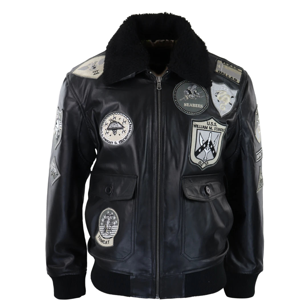 Men's ultra-lightweight jacket-Men's Full Black Grey Topgun Maverick Jacket Pilot Bomber US Badges Black Fur Tom Cat