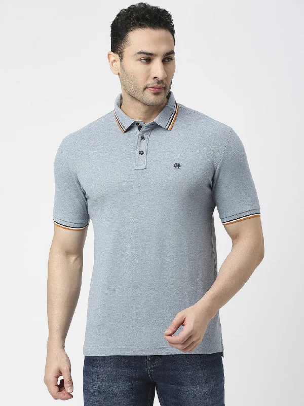 Men's antibacterial casual wear polo shirt-Sky Melange Pique Lycra Polo T-shirt With Tipping Collar